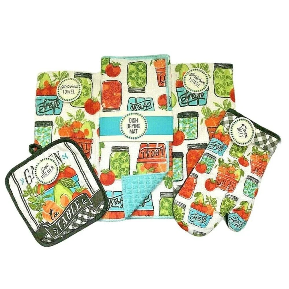 Vegetable Garden Set of 5 Kitchen Drying Mat Dish Towels Oven Mitt Potholder
